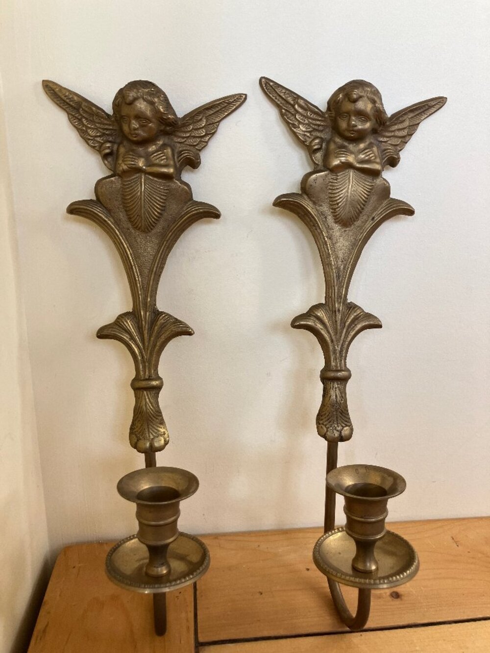 Brass Cherub Angel Wall Sconce Candle Holder Set of 2 Vintage 13.5" Long